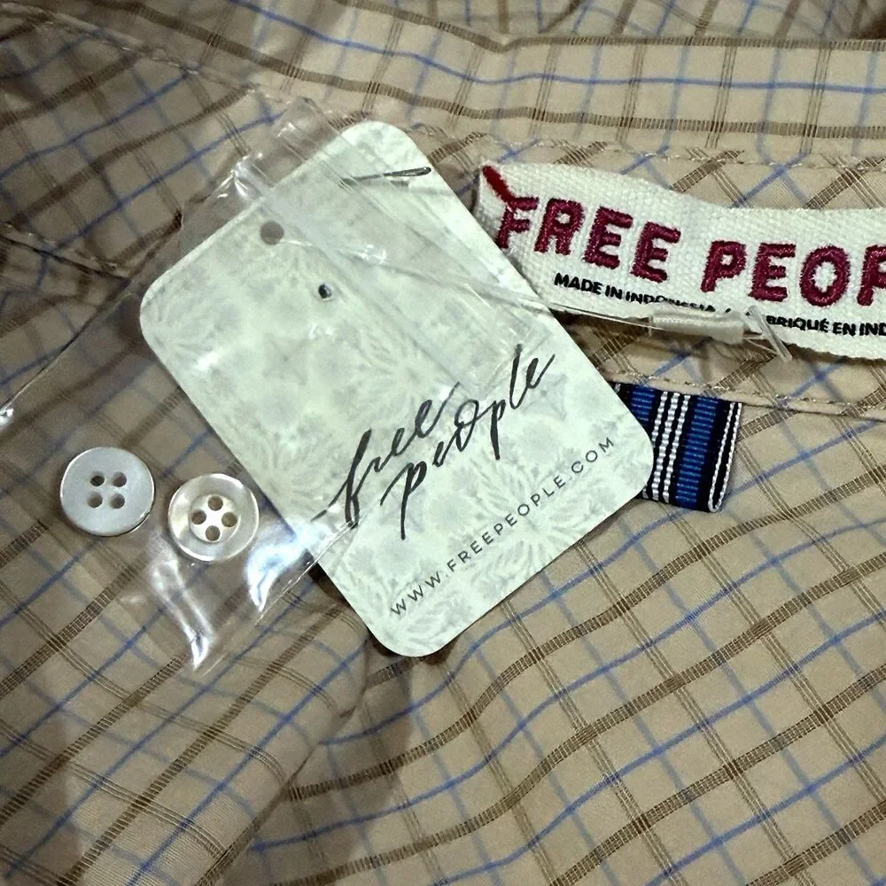 Free People Quinn Check Oversized Button Down Tan Combo NWT Size XS Boho